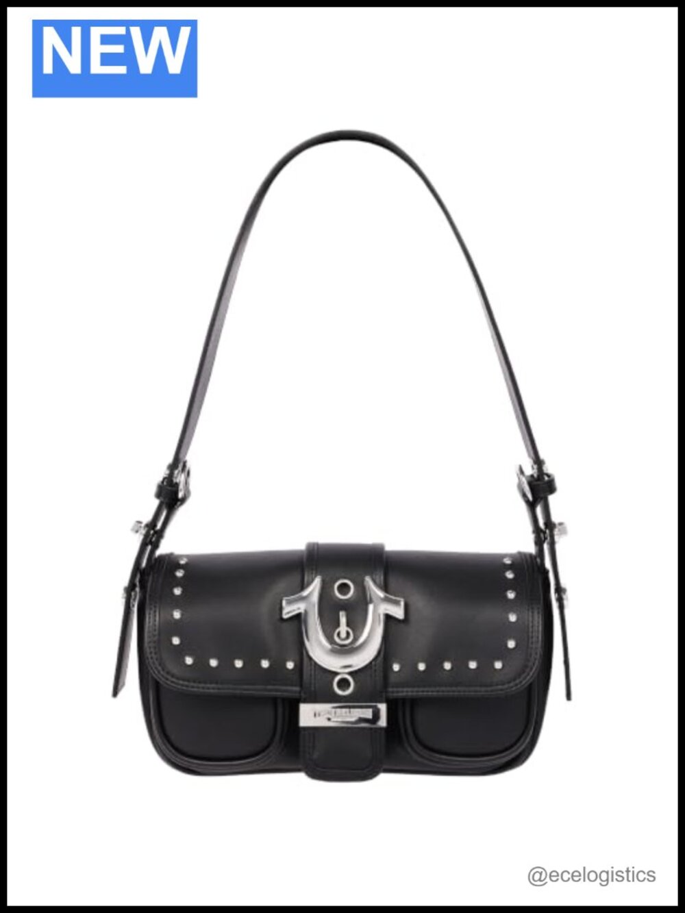 Faux Leather Moto Studded Shoulder Bag with Horseshoe Closure